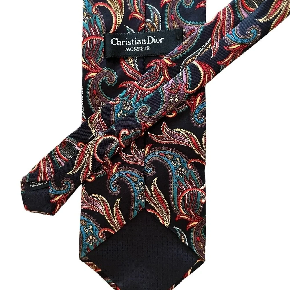 Christian Dior Monsieur vintage bold stylized paisley silk tie, black aqua red